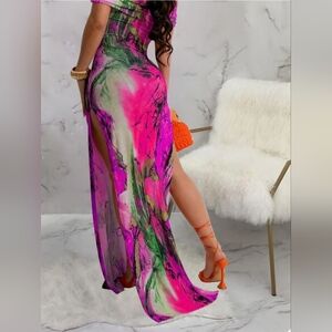 Vibrant Pink and Green Maxi Dress